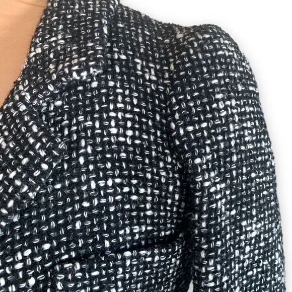 Vintage 90s Black White Tweed Tailored Cropped Blazer Jacket Classic Wool Small - Picture 2 of 9